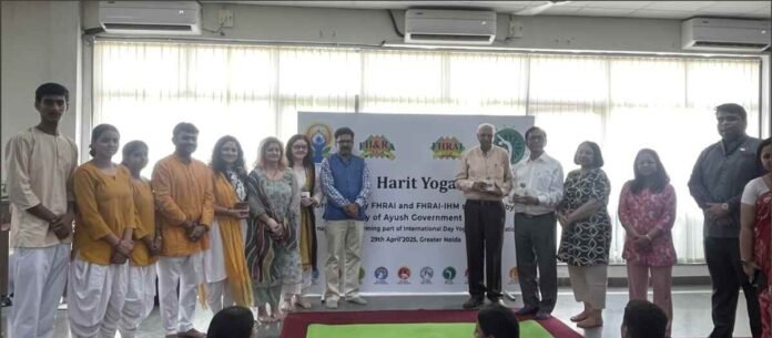 FHRAI Harit Yoga, International Day of Yoga 2025, FHRAI-IHM Yoga Event, Hospitality Industry Yoga, Wellness and Nature Event, Ministry of Ayush Yoga, Mokshayatan Yog Sansthan, Yoga for Peace and Wellness, Environmental Consciousness Yoga, Green Practices Yoga, Sustainable Living Yoga, Yoga and Tree Planting, Greater Noida Yoga Event, Yoga for Hospitality Professionals, Harit Yoga Theme, Yoga and Mindfulness, Yoga Breathing Exercises, Guided Meditation Event, Yoga and Ecological Health, Jaison Chacko FHRAI,